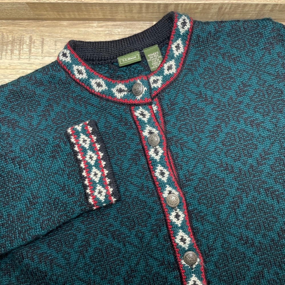 LL Bean Nordic Cardigan Sweater Teal Black Merino Wool Fair Isle Womens Small